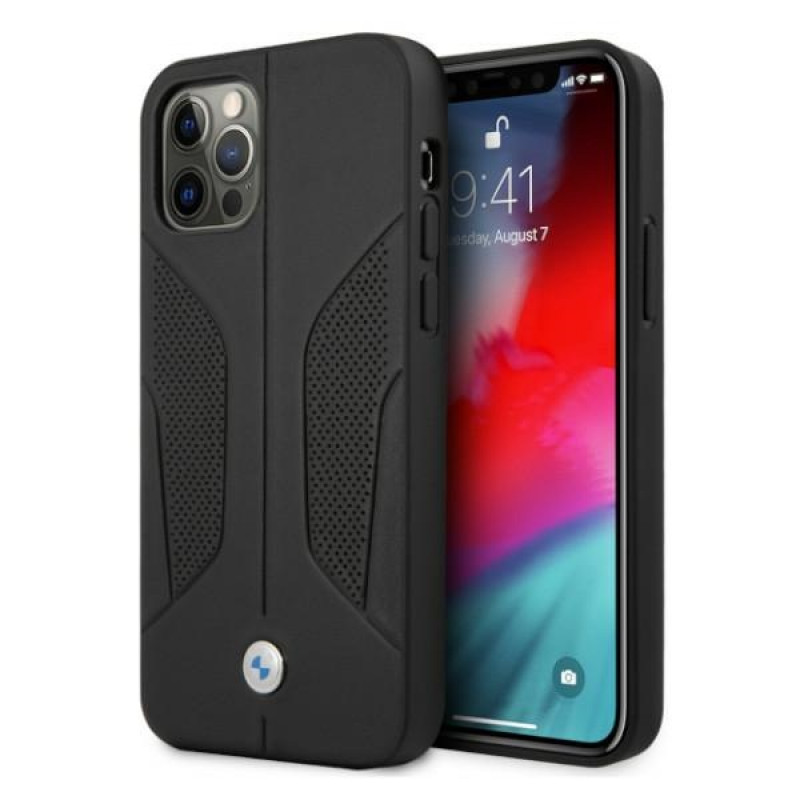 BMW BMHCP12MRSCSK Perforate Sides ādas cietais apvalks, paredzēts Apple iPhone 12 / 12 Pro, melns