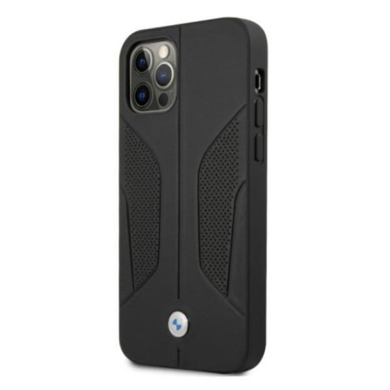 BMW BMHCP12MRSCSK Perforate Sides ādas cietais apvalks, paredzēts Apple iPhone 12 / 12 Pro, melns