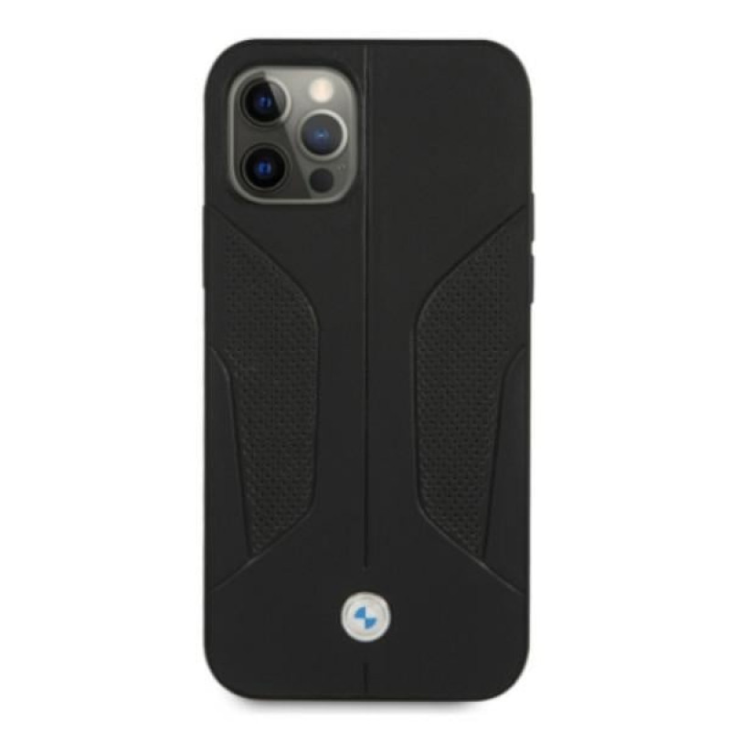 BMW BMHCP12MRSCSK Perforate Sides ādas cietais apvalks, paredzēts Apple iPhone 12 / 12 Pro, melns