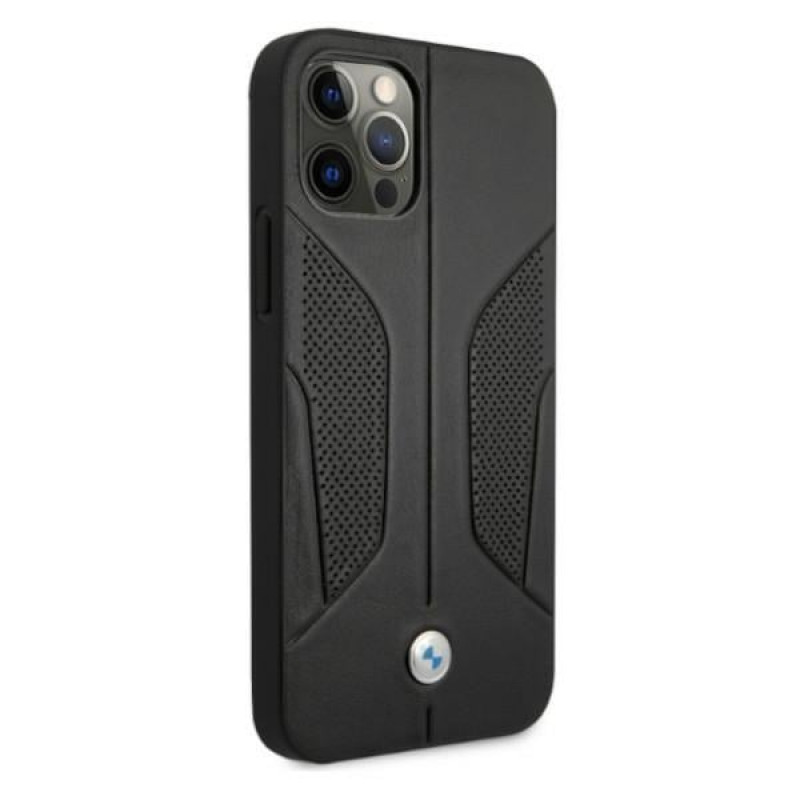 BMW BMHCP12MRSCSK Perforate Sides ādas cietais apvalks, paredzēts Apple iPhone 12 / 12 Pro, melns