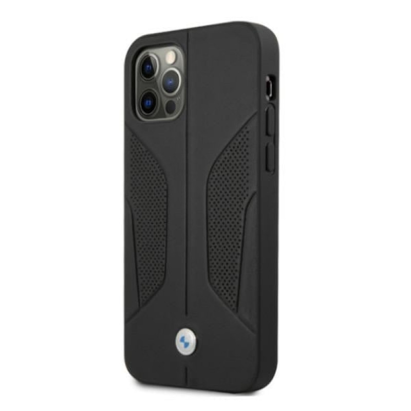 BMW BMHCP12LRSCSK Perforate Sides ādas cietais apvalks, paredzēts Apple iPhone 12 Pro Max, melns