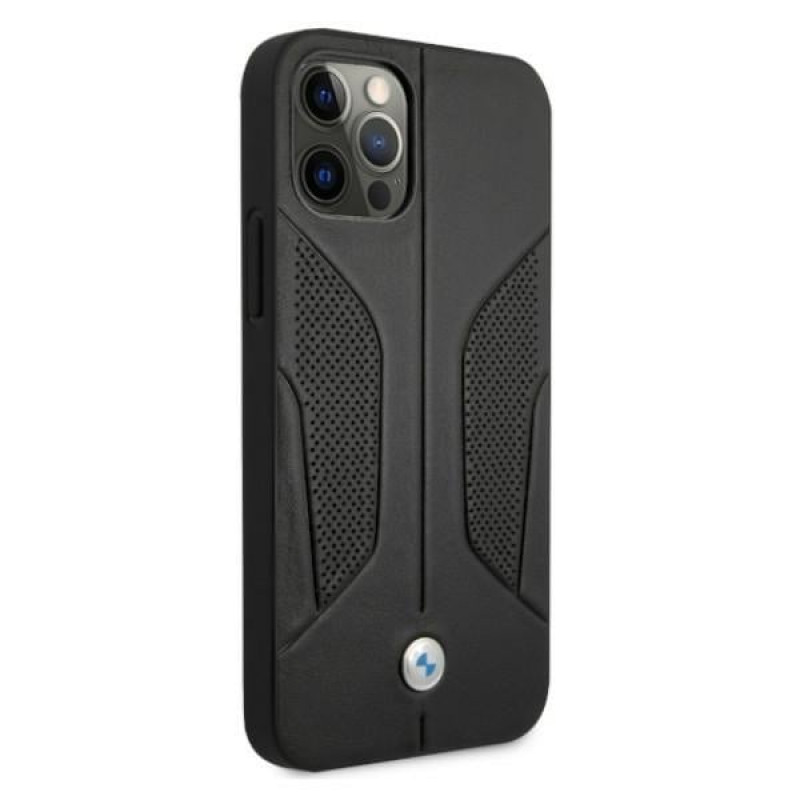 BMW BMHCP12LRSCSK Perforate Sides ādas cietais apvalks, paredzēts Apple iPhone 12 Pro Max, melns