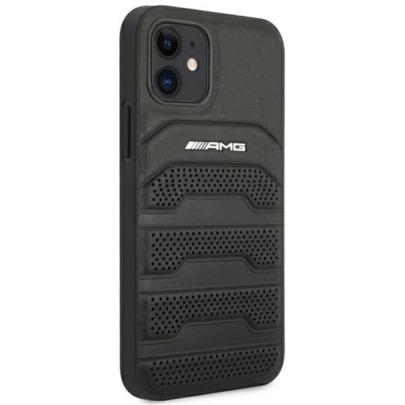 Mercedes-AMG AMHCP12SGSEBK Leather Debossed Lines cietais apvalks Apple iPhone 12 mini, melns