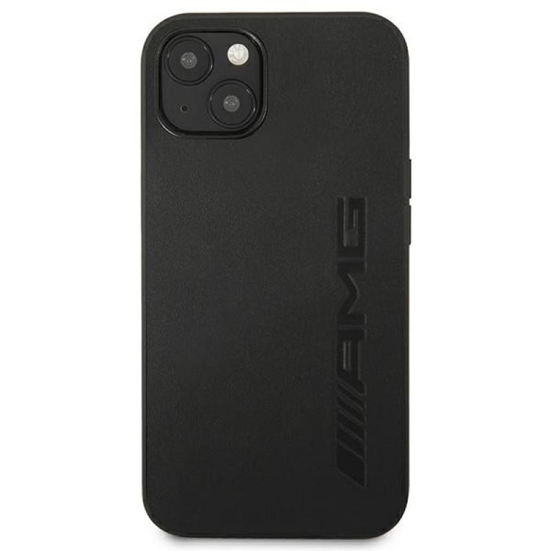 Mercedes-AMG AMHCP13MDOLBK Leather Hot Stamped cietais apvalks Apple iPhone 13, melns