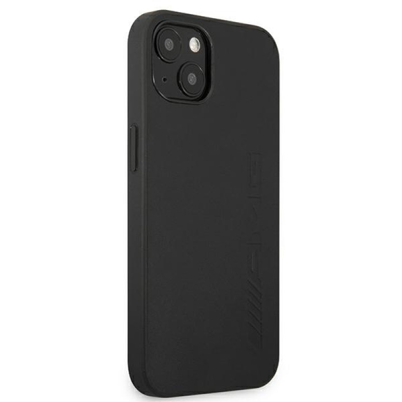 Mercedes-AMG AMHCP13MDOLBK Leather Hot Stamped cietais apvalks Apple iPhone 13, melns