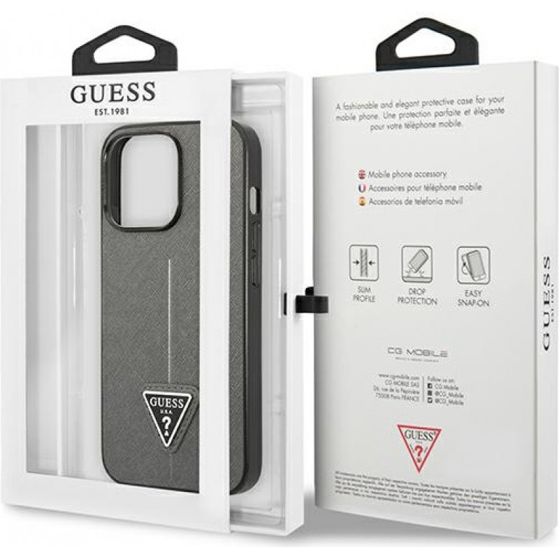 Guess GUHCP13LPSATLG cietais apvalks Apple iPhone 13 Pro, Saffiano Triangle Logo, sudraba krāsā