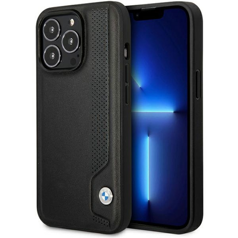BMW BMHCP14L22RBDK Leather Blue Dots cietais apvalks priekš iPhone 14 Pro 6,1", melns