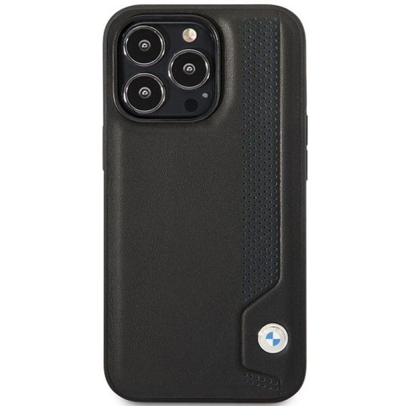 BMW BMHCP14L22RBDK Leather Blue Dots cietais apvalks priekš iPhone 14 Pro 6,1", melns