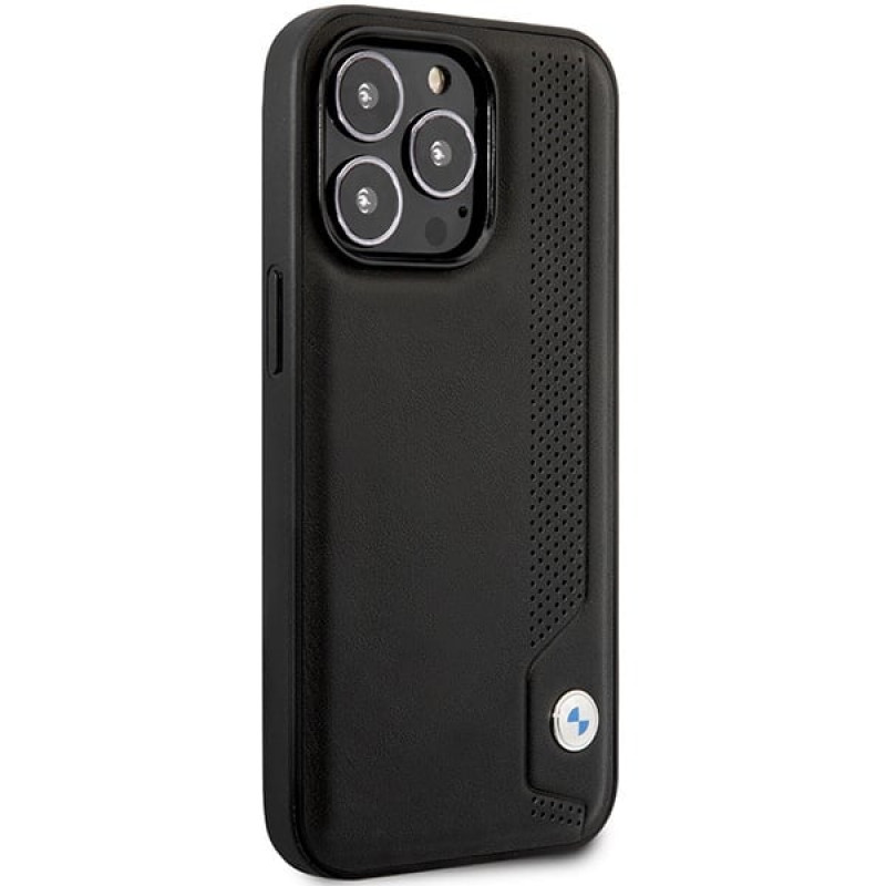 BMW BMHCP14L22RBDK Leather Blue Dots cietais apvalks priekš iPhone 14 Pro 6,1", melns