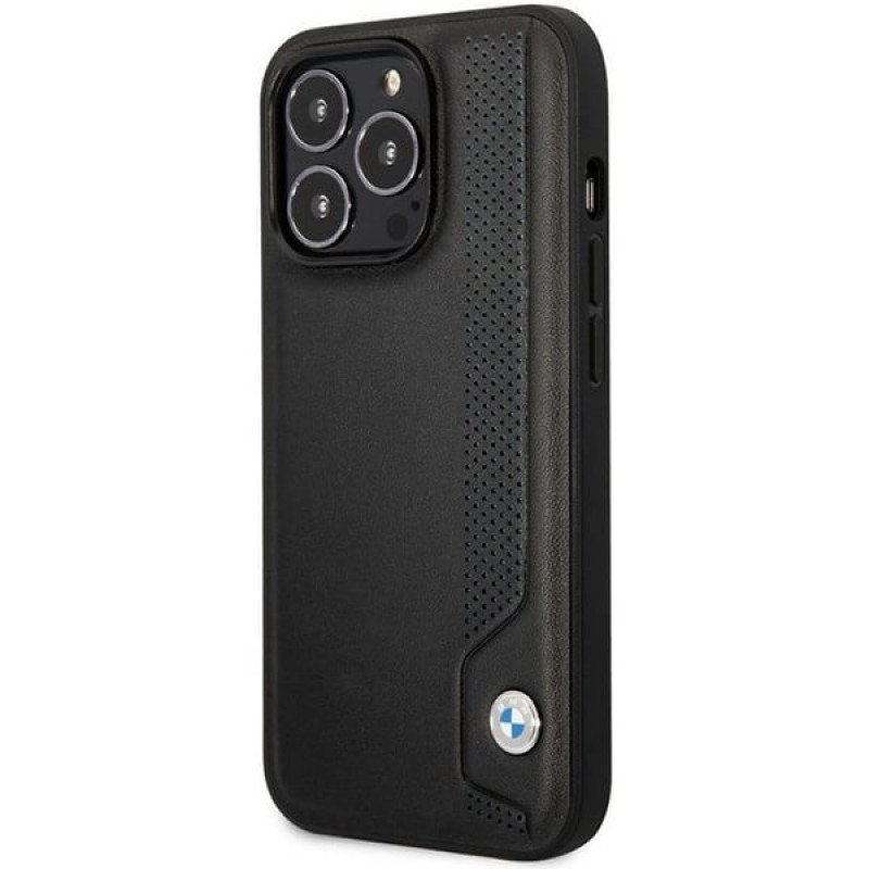 BMW BMHCP14X22RBDK Leather Blue Dots cietais apvalks priekš iPhone 14 Pro Max 6,7", melns