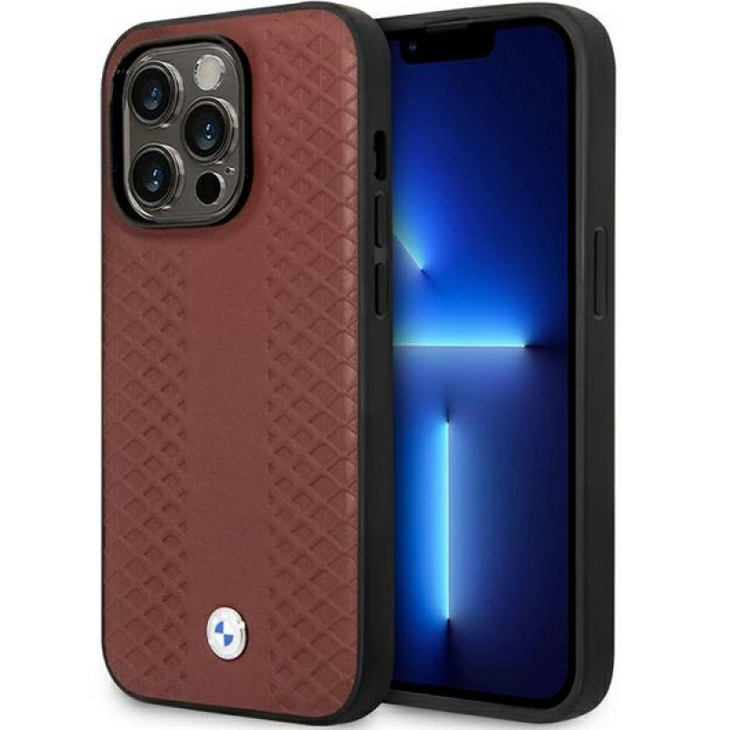 BMW BMHCP14X22RFGR Leather Diamond Pattern cietais apvalks priekš iPhone 14 Pro Max 6,7", bordo