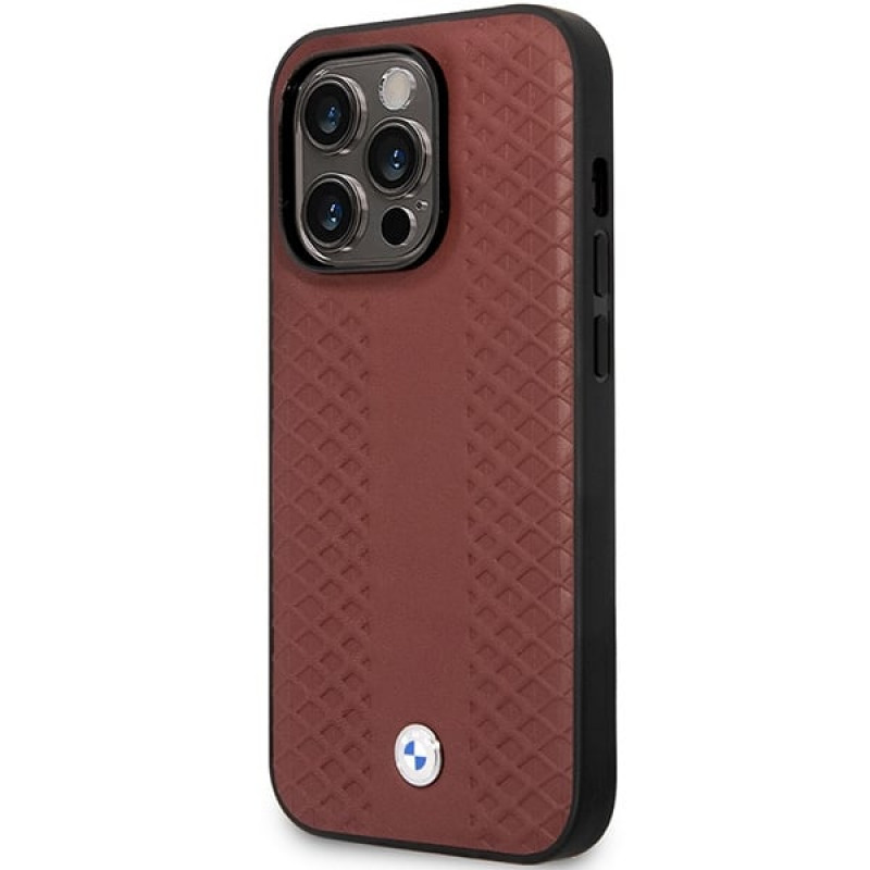 BMW BMHCP14X22RFGR Leather Diamond Pattern cietais apvalks priekš iPhone 14 Pro Max 6,7", bordo