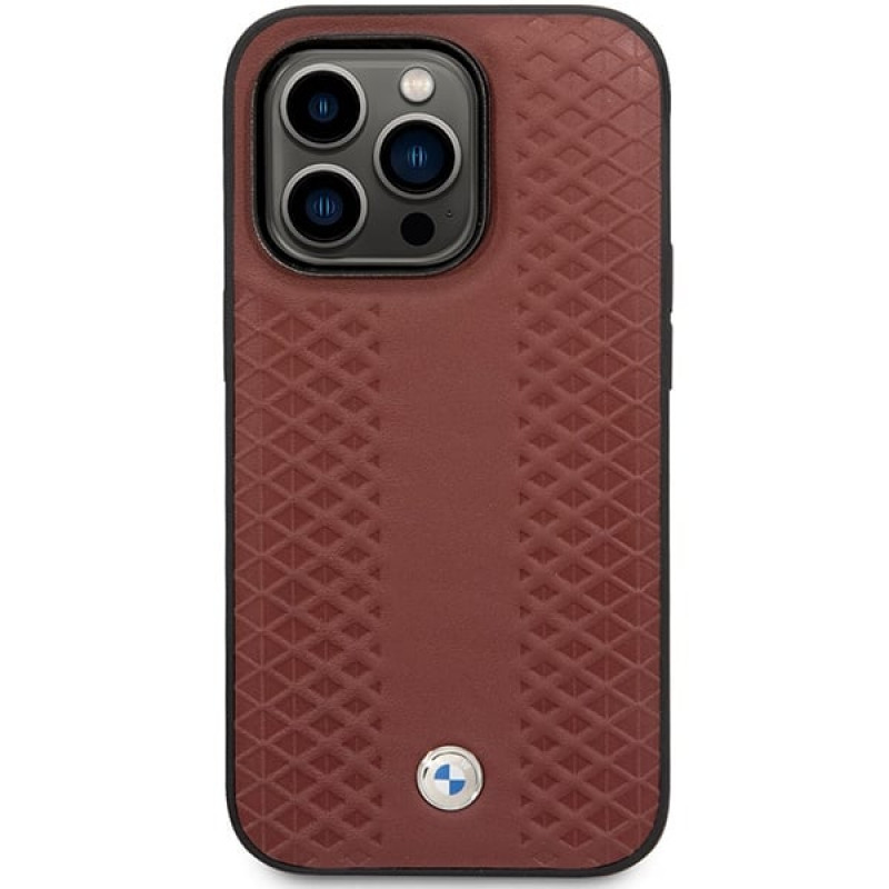 BMW BMHCP14X22RFGR Leather Diamond Pattern cietais apvalks priekš iPhone 14 Pro Max 6,7", bordo