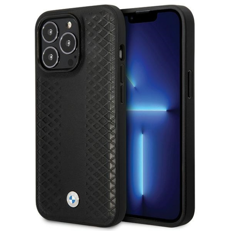 BMW BMHCP14L22RFGK Leather Diamond Pattern cietais apvalks priekš iPhone 14 Pro 6,1", melns