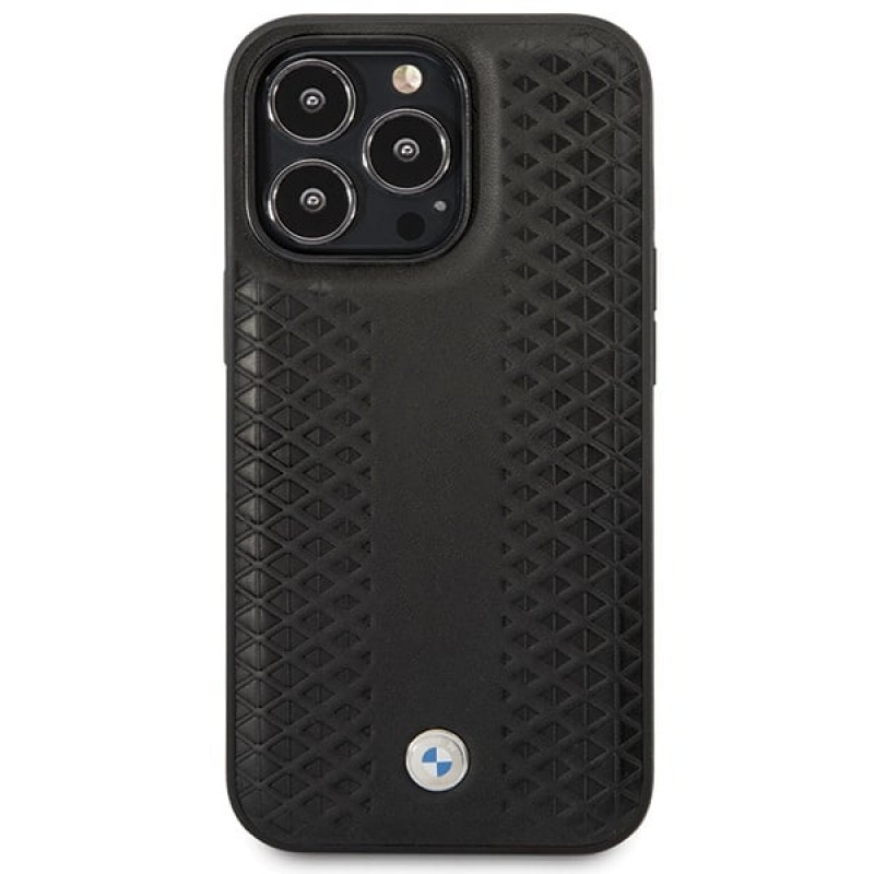 BMW BMHCP14L22RFGK Leather Diamond Pattern cietais apvalks priekš iPhone 14 Pro 6,1", melns