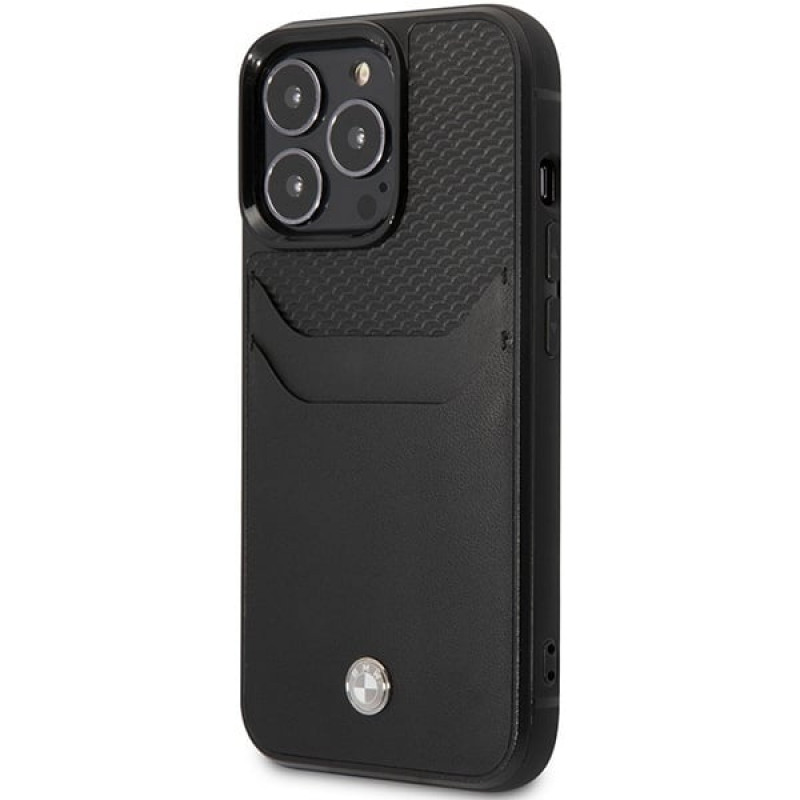 BMW BMHCP14L22RSEPK vāciņš priekš iPhone 14 Pro, melns, Leather Card Slot