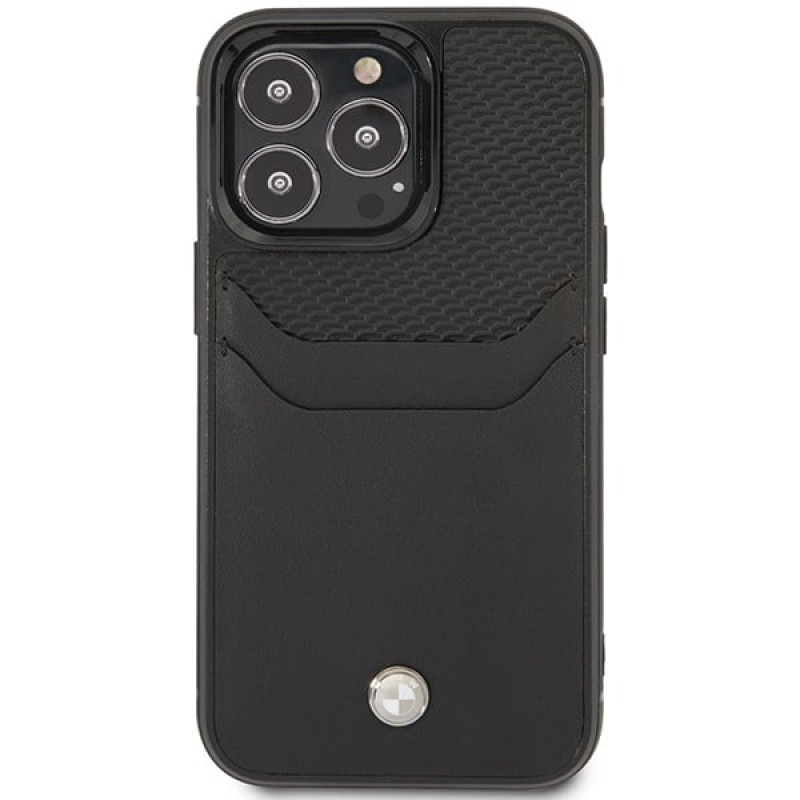 BMW BMHCP14L22RSEPK vāciņš priekš iPhone 14 Pro, melns, Leather Card Slot