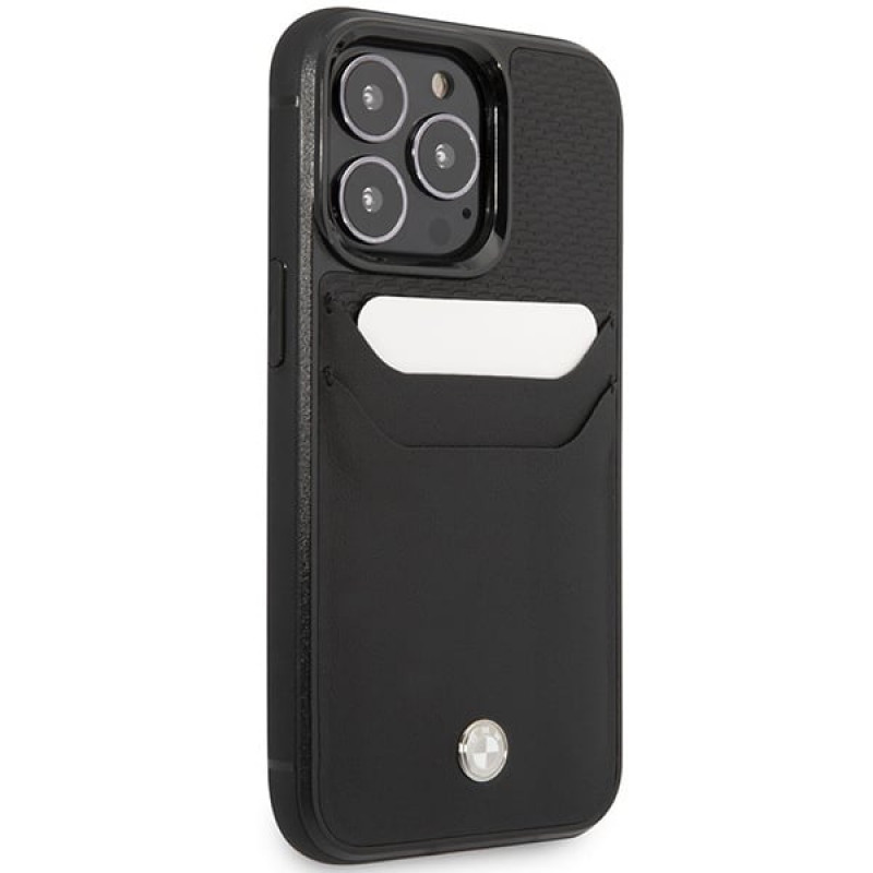 BMW BMHCP14L22RSEPK vāciņš priekš iPhone 14 Pro, melns, Leather Card Slot