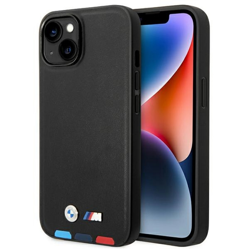 BMW BMHCP14M22PTDK vāciņš priekš iPhone 14 Plus, melns, Leather Stamp Tricolor