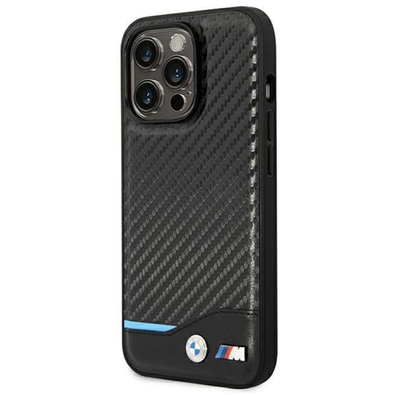 BMW BMHCP14L22NBCK vāciņš priekš iPhone 14 Pro, melns, Leather Carbon