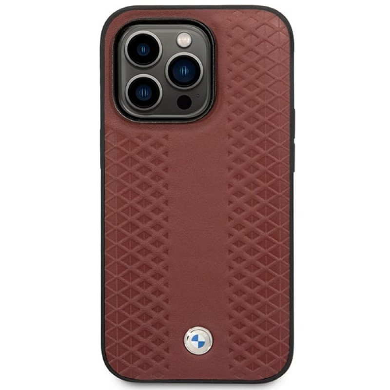 BMW BMHMP14X22RFGR Leather Diamond Pattern MagSafe vāciņš tālrunim Apple iPhone 14 Pro Max 6,7″, bordo