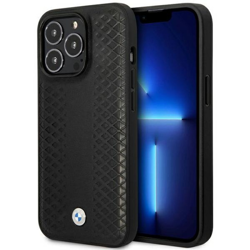 BMW BMHMP14L22RFGK Leather Diamond Pattern MagSafe vāciņš tālrunim Apple iPhone 14 Pro 6,1″, melns