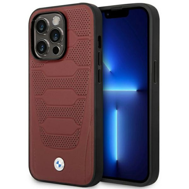 BMW BMHMP14X22RPSR Leather Seats Pattern MagSafe vāciņš tālrunim Apple iPhone 14 Pro Max 6,7″, bordo