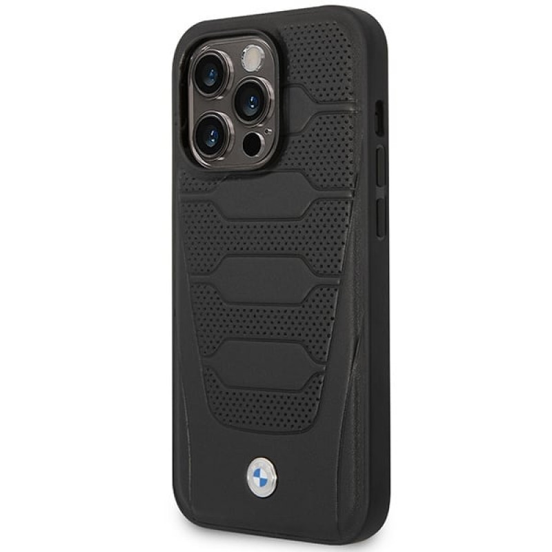 BMW BMHMP14L22RPSK Leather Seats Pattern MagSafe vāciņš tālrunim Apple iPhone 14 Pro 6,1″, melns