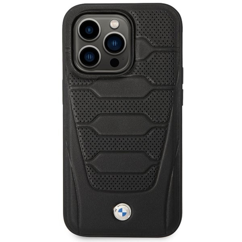 BMW BMHMP14L22RPSK Leather Seats Pattern MagSafe vāciņš tālrunim Apple iPhone 14 Pro 6,1″, melns