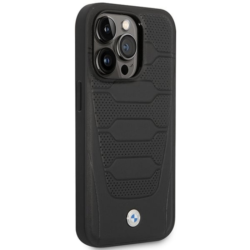 BMW BMHMP14L22RPSK Leather Seats Pattern MagSafe vāciņš tālrunim Apple iPhone 14 Pro 6,1″, melns