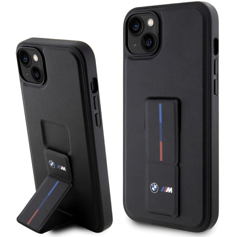 BMW BMHCP14M22GSLK Grip Stand Hot Stamp cietais apvalks, paredzēts Apple iPhone 14 Plus / 15 Plus, melns