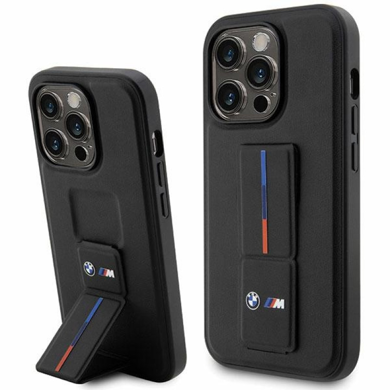 BMW BMHCP14L22GSLK Grip Stand Hot Stamp cietais apvalks, paredzēts Apple iPhone 14 Pro, melns