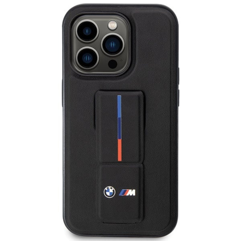 BMW BMHCP14L22GSLK Grip Stand Hot Stamp cietais apvalks, paredzēts Apple iPhone 14 Pro, melns