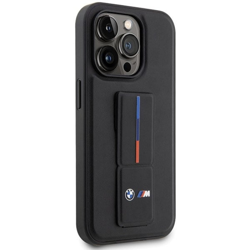 BMW BMHCP14L22GSLK Grip Stand Hot Stamp cietais apvalks, paredzēts Apple iPhone 14 Pro, melns