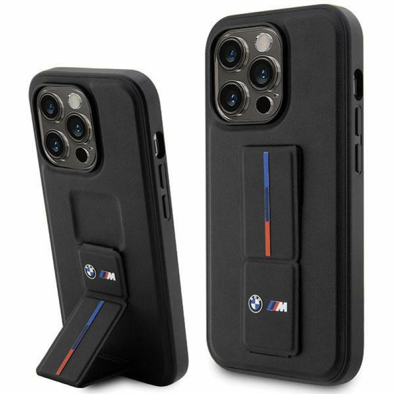 BMW BMHCP14X22GSLK Grip Stand Hot Stamp cietais apvalks, paredzēts Apple iPhone 14 Pro Max, melns