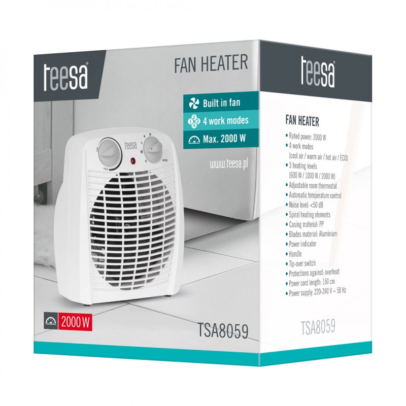Teesa TSA8059 ventilatora sildītājs, 0,8/1,2/2 kW, balts
