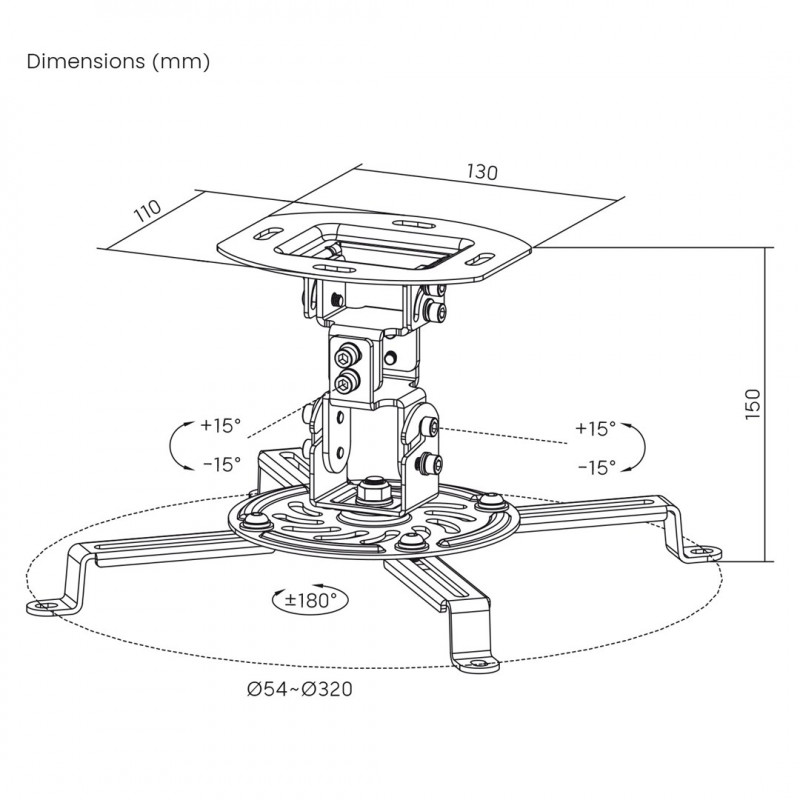 Maclean MC-200 W projektoru griestu stiprinājums, tērauda, 54–320 mm, līdz 13,5 kg, balts
