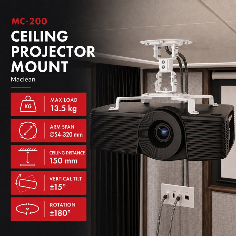 Maclean MC-200 W projektoru griestu stiprinājums, tērauda, 54–320 mm, līdz 13,5 kg, balts