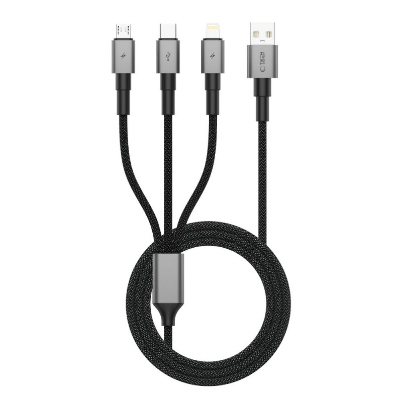 Tech-Protect UltraBoost DNA 3 vienā kabelis USB-A uz Lightning / USB-C / Micro-USB, 3 A, 120 cm, tērauda pelēks