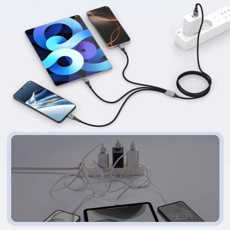 Tech-Protect UltraBoost DNA 3 vienā kabelis USB-A uz Lightning / USB-C / Micro-USB, 3 A, 120 cm, tērauda pelēks