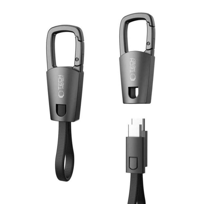 Tech-Protect Ultraboost DNA USB-C / USB-C kabelis ar atslēgu piekariņu PD 60W / 3A, 17 cm, dzelzs pelēks