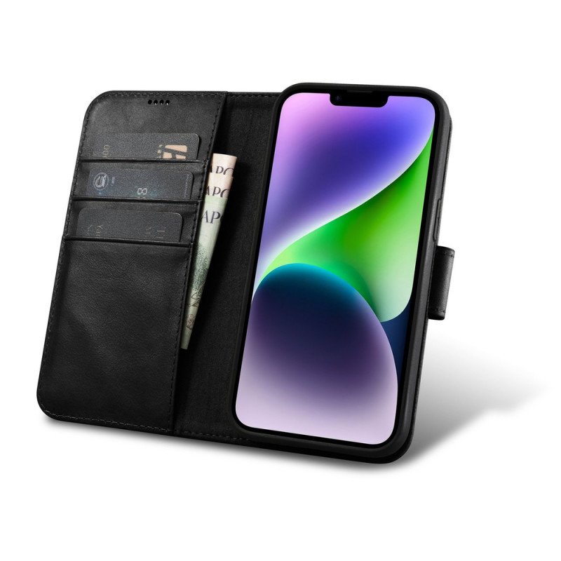 iCarer Oil Wax Wallet Case 2in1 ādas atverams futrālis iPhone 14 Plus, Anti-RFID, melns (WMI14220723-BK)