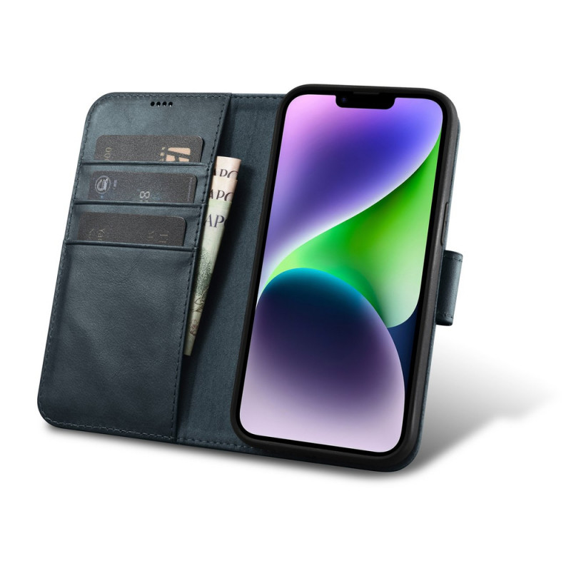 iCarer Oil Wax Wallet Case 2in1 ādas atverams futrālis iPhone 14 Plus, Anti-RFID, zils (WMI14220723-BU)