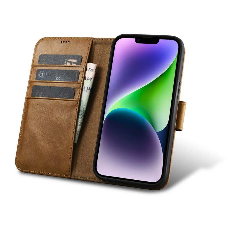 iCarer Oil Wax Wallet Case 2in1 ādas atverams futrālis iPhone 14 Plus, Anti-RFID, brūns (WMI14220723-TN)