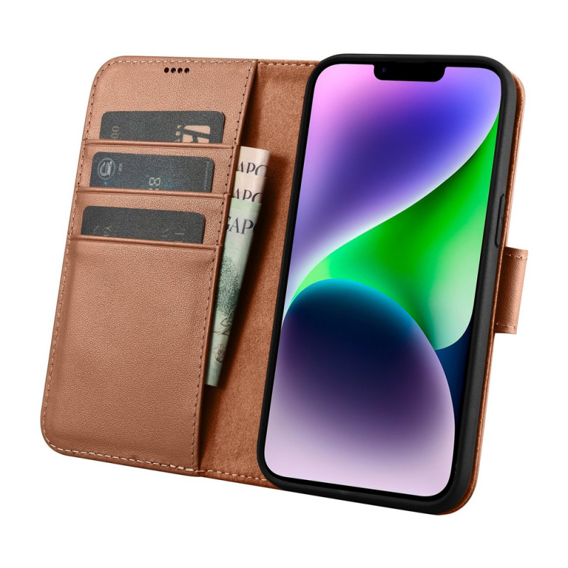 iCarer Wallet Case 2in1 ādas atverams futrālis iPhone 14 Plus, Anti-RFID, brūns (WMI14220727-BN)