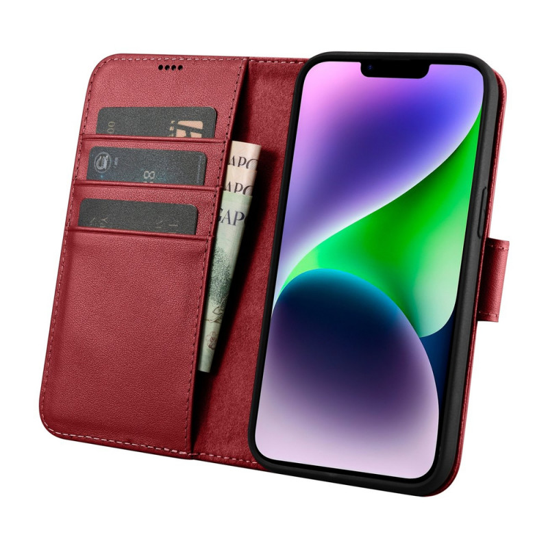 iCarer Wallet Case 2in1 ādas atverams futrālis iPhone 14 Plus, Anti-RFID, sarkans (WMI14220727-RD)