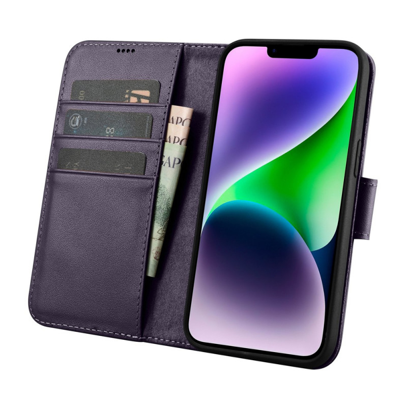 iCarer Wallet Case 2in1 ādas atverams futrālis iPhone 14 Plus, Anti-RFID, tumši violets (WMI14220727-DP)