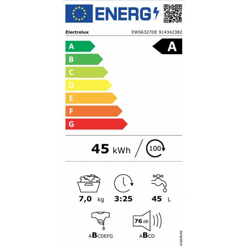 Electrolux EWS6327DE 600. sērijas SensiCare veļas mazgājamā mašīna ar priekšējo ielādi, 7 kg, balta