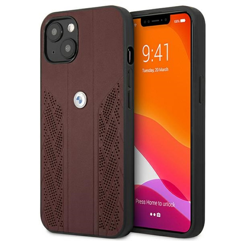 BMW BMHCP13MRSPPR Apple iPhone 13 cietais futrālis Leather Curve Perforate, sarkans