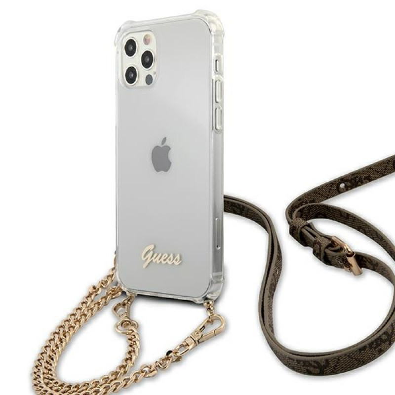 Guess GUHCP12MKC4GSGO Apple iPhone 12 / 12 Pro cietais maciņš 4G Gold Chain, caurspīdīgs